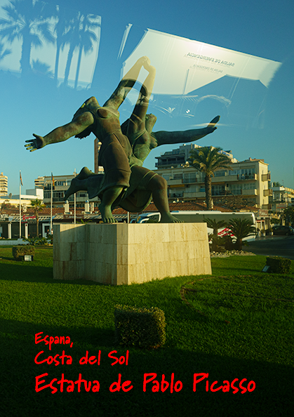 Espagne, Andalousie, en longeant la Costa del Sol : diverses photos  dont,  à l'entrée de Torremolinos, une statue de Pablo Picasso représentant deux femmes exaltées de joie
